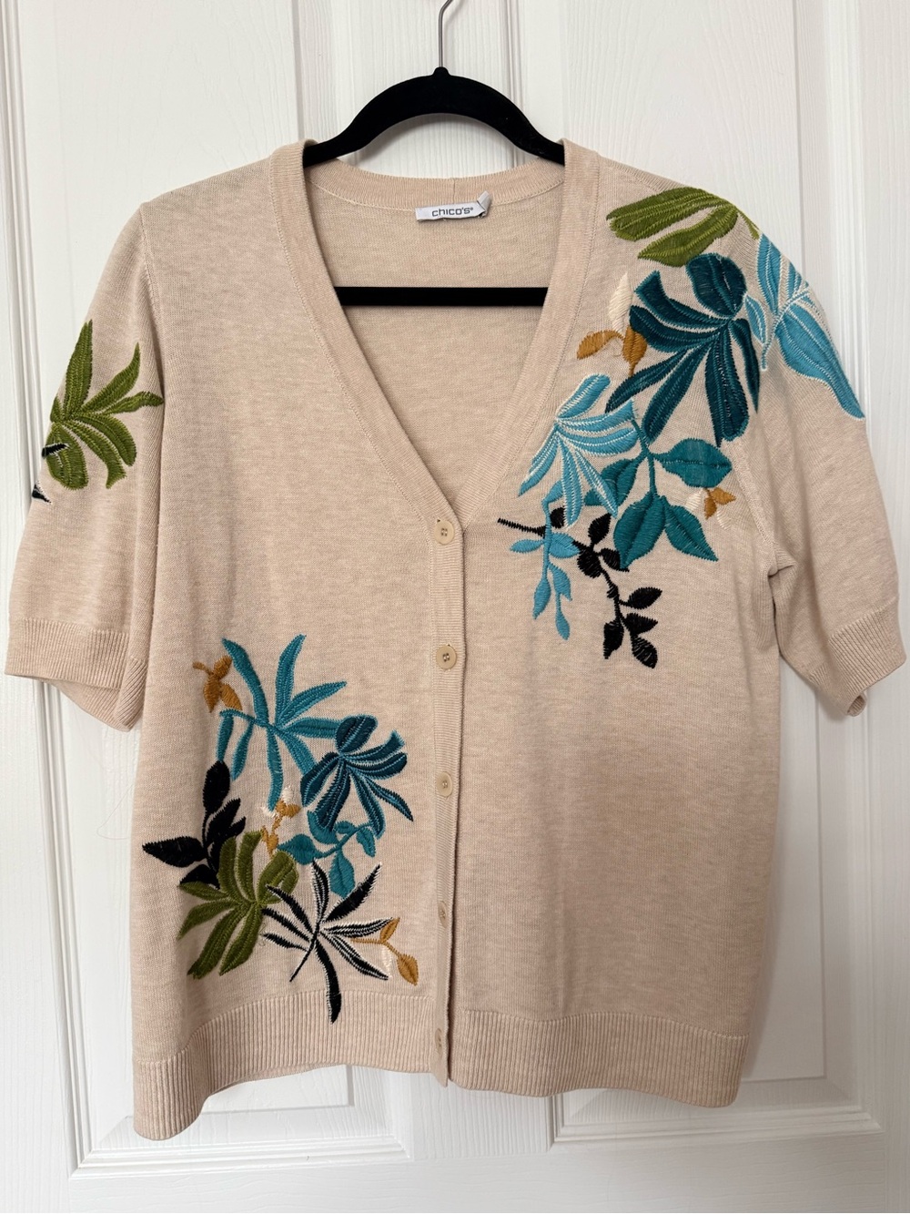 Chico's Beige Short-Sleeve Cardigan with Teal, Green and Black Embroidery